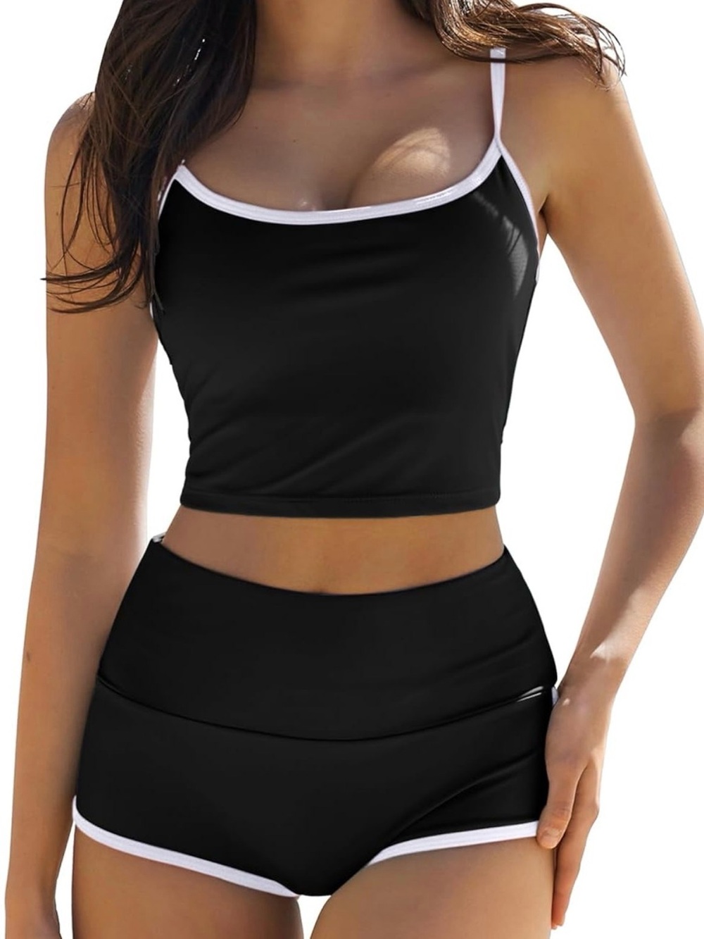 QINSEN Women's Two Piece Swimsuit Spaghetti Strap Crop Top with High Wasited Boy